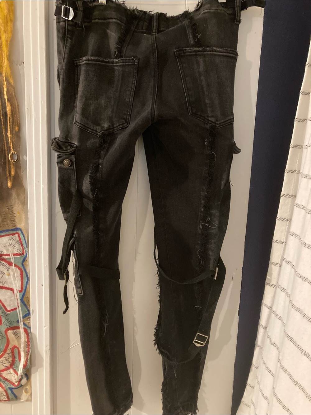 Men's Black Distressed Skinny Utility Jeans with Strap Accents